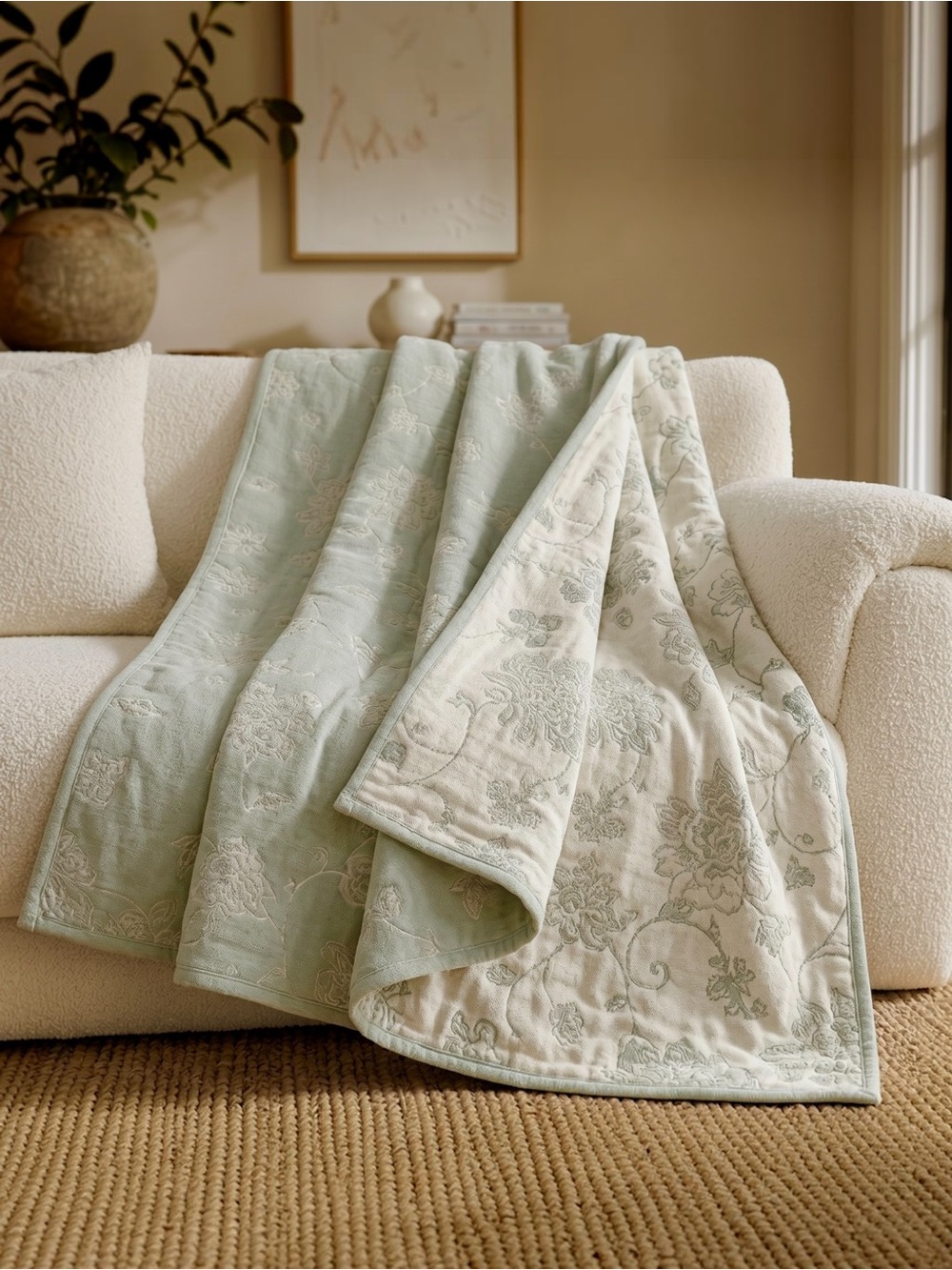 NEW Anthro Boho Floral Muslin Ultra Soft Green Reversible Throw Blanket 90 x 80